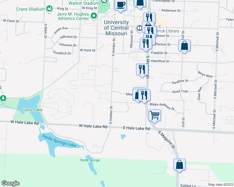 map of restaurants, bars, coffee shops, grocery stores, and more near 126 Meadow Lane in Warrensburg