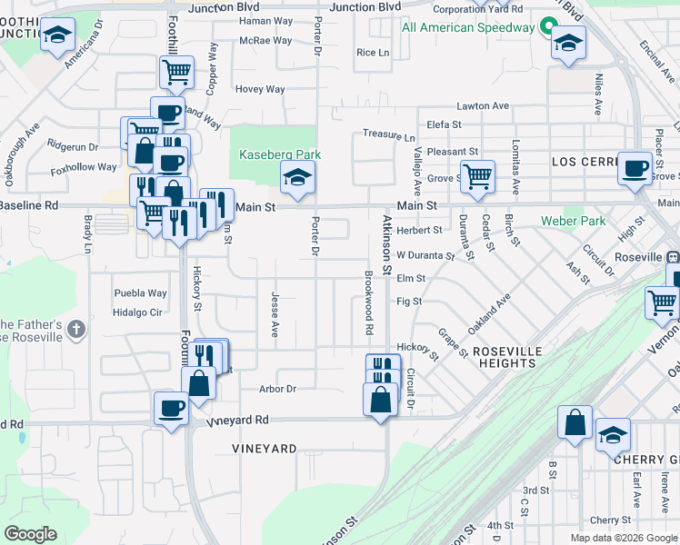 map of restaurants, bars, coffee shops, grocery stores, and more near 1110 Elm St in Roseville