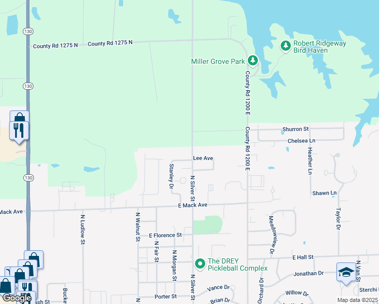 map of restaurants, bars, coffee shops, grocery stores, and more near 1701 North Silver Street in Olney