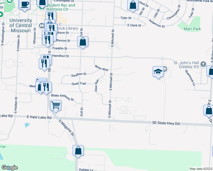 map of restaurants, bars, coffee shops, grocery stores, and more near 1004 South Mitchell Street in Warrensburg