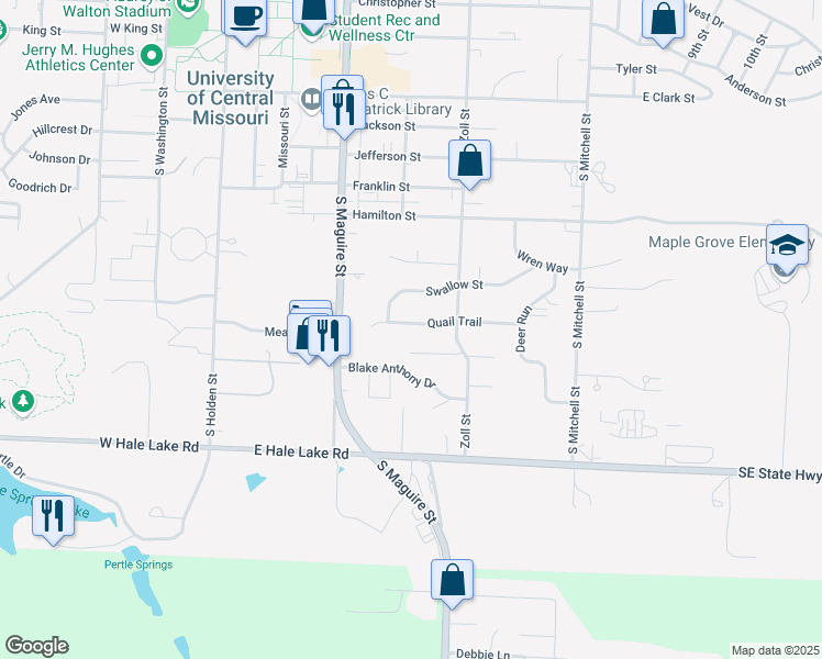 map of restaurants, bars, coffee shops, grocery stores, and more near 402 Quail Trail in Warrensburg