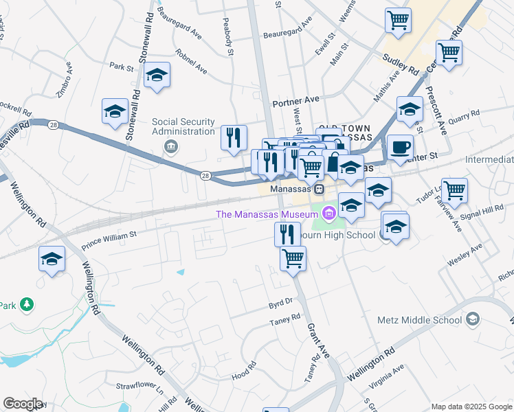 map of restaurants, bars, coffee shops, grocery stores, and more near 9200 Prince William Street in Manassas
