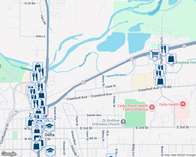 map of restaurants, bars, coffee shops, grocery stores, and more near 820 Colorado 92 in Delta