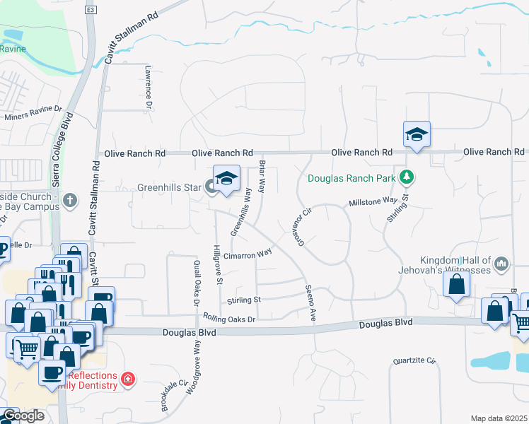 map of restaurants, bars, coffee shops, grocery stores, and more near 8207 Briar Way in Granite Bay