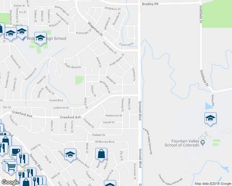 map of restaurants, bars, coffee shops, grocery stores, and more near 1125 Lindstrom Drive in Colorado Springs
