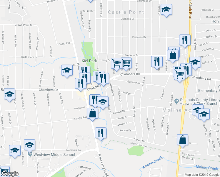 map of restaurants, bars, coffee shops, grocery stores, and more near 9859 Monarch Drive in St. Louis