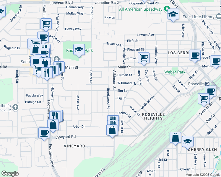 map of restaurants, bars, coffee shops, grocery stores, and more near 501 Brookwood Road in Roseville