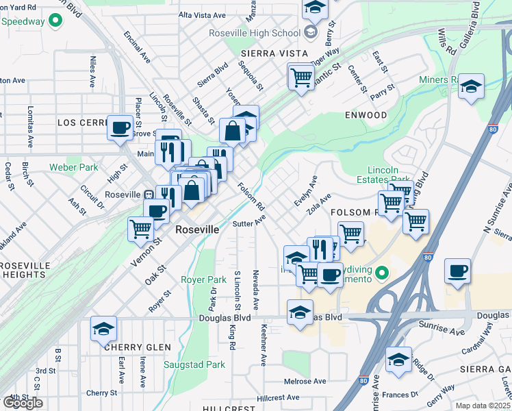 map of restaurants, bars, coffee shops, grocery stores, and more near 311 Sutter Avenue in Roseville