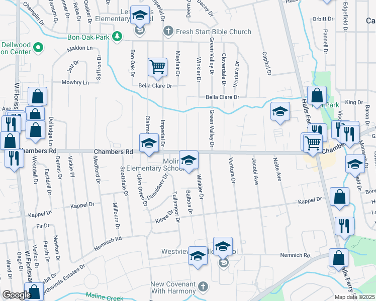 map of restaurants, bars, coffee shops, grocery stores, and more near 1911 Chambers Road in St. Louis