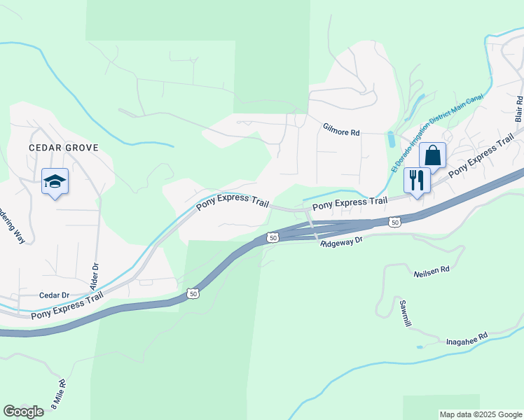 map of restaurants, bars, coffee shops, grocery stores, and more near 5410 Pony Express Trail in Camino