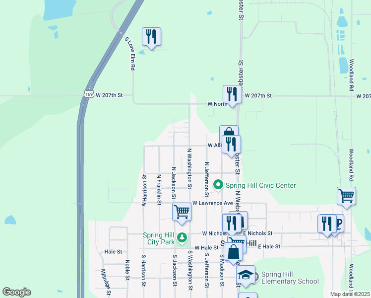 map of restaurants, bars, coffee shops, grocery stores, and more near 609 North Washington Street in Spring Hill