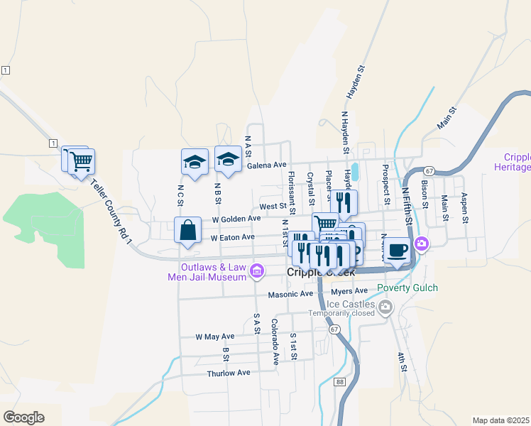 map of restaurants, bars, coffee shops, grocery stores, and more near 129 West Golden Avenue in Cripple Creek