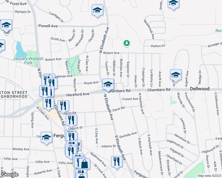 map of restaurants, bars, coffee shops, grocery stores, and more near 527 Chambers Road in Ferguson