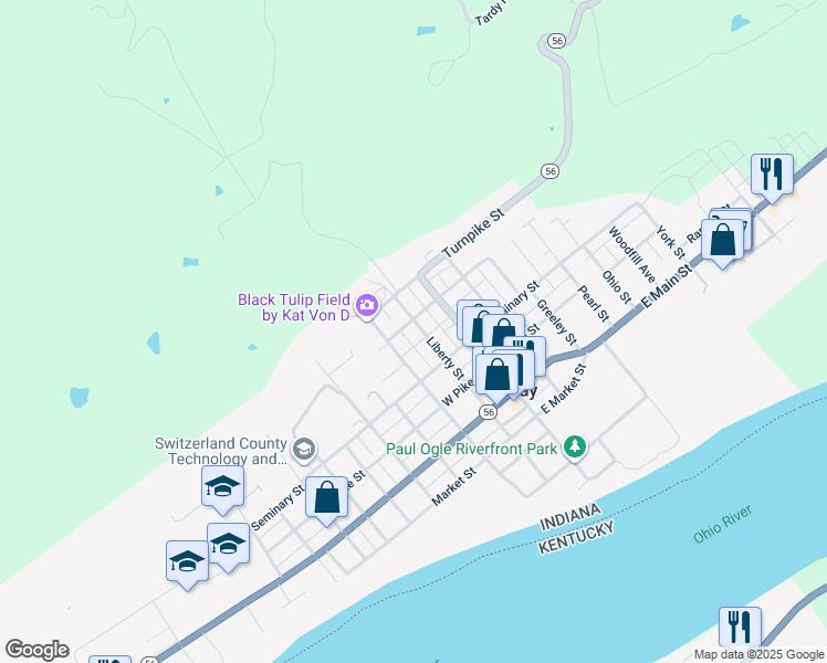 map of restaurants, bars, coffee shops, grocery stores, and more near 517 Liberty Street in Vevay