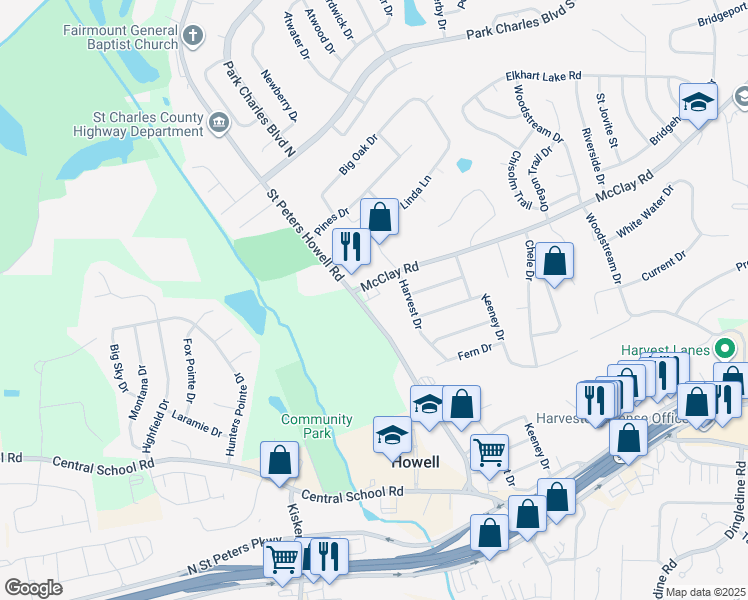 map of restaurants, bars, coffee shops, grocery stores, and more near 564 Saint Peters Howell Road in Saint Charles
