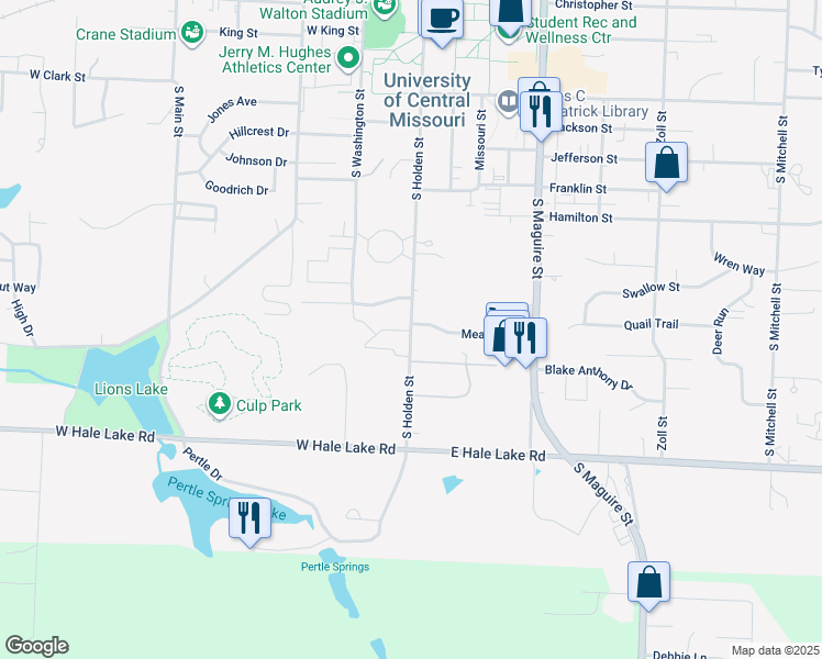 map of restaurants, bars, coffee shops, grocery stores, and more near 126 Meadow Lane in Warrensburg
