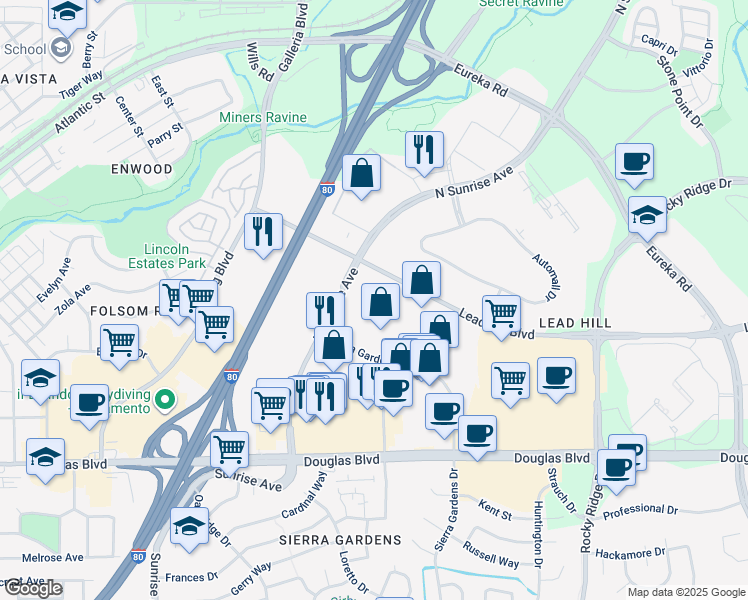 map of restaurants, bars, coffee shops, grocery stores, and more near 199 North Sunrise Avenue in Roseville