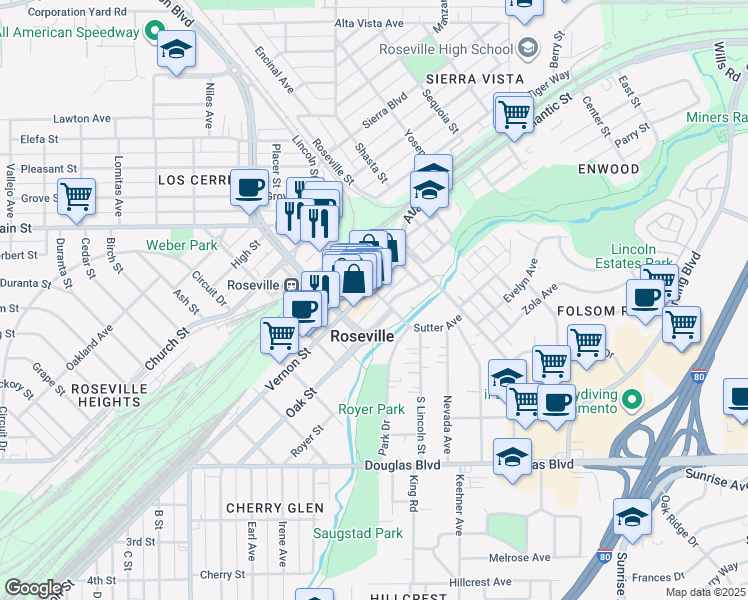 map of restaurants, bars, coffee shops, grocery stores, and more near 105 Lincoln Street in Roseville