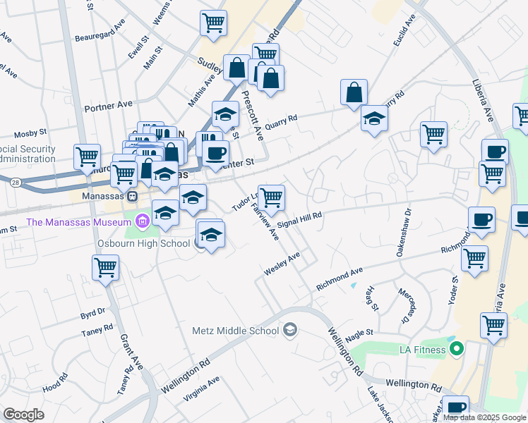 map of restaurants, bars, coffee shops, grocery stores, and more near 9507 Fairview Avenue in Manassas