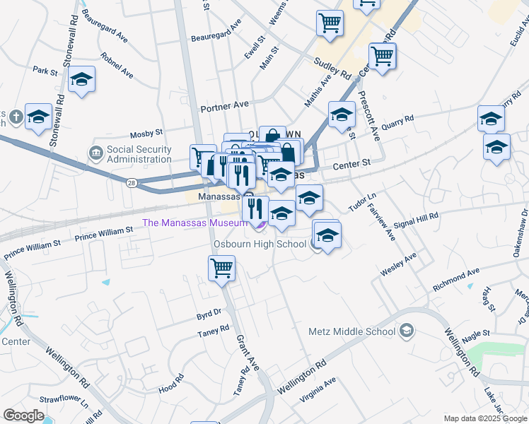 map of restaurants, bars, coffee shops, grocery stores, and more near 9101 Prince William Street in Manassas