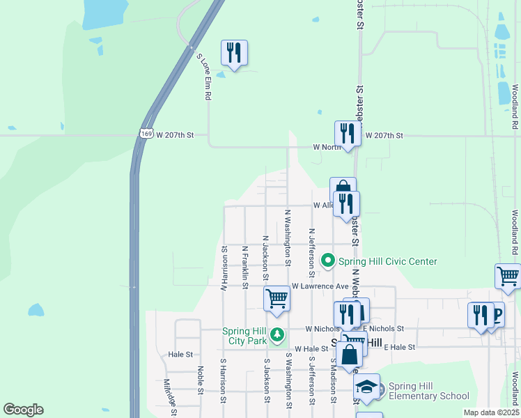 map of restaurants, bars, coffee shops, grocery stores, and more near 501 West Allen Street in Spring Hill