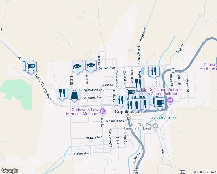 map of restaurants, bars, coffee shops, grocery stores, and more near 129 West Golden Avenue in Cripple Creek