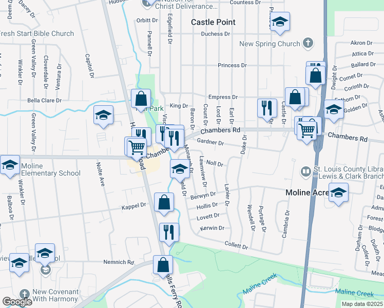 map of restaurants, bars, coffee shops, grocery stores, and more near 9860 Monarch Drive in St. Louis