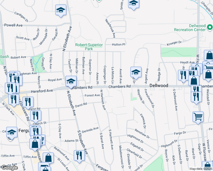 map of restaurants, bars, coffee shops, grocery stores, and more near 707 Chambers Road in Ferguson