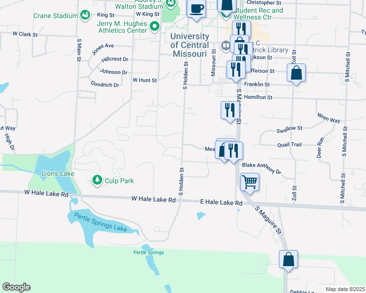 map of restaurants, bars, coffee shops, grocery stores, and more near 126 Meadow Lane in Warrensburg