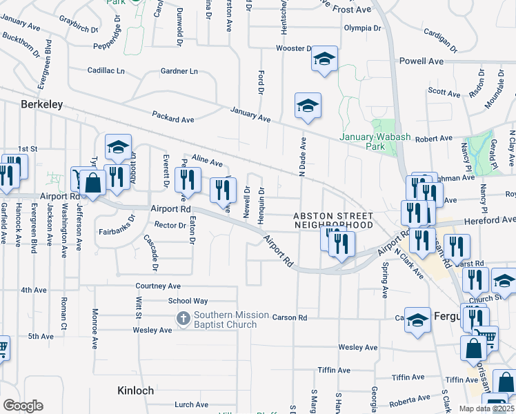 map of restaurants, bars, coffee shops, grocery stores, and more near 229 Henquin Drive in Ferguson