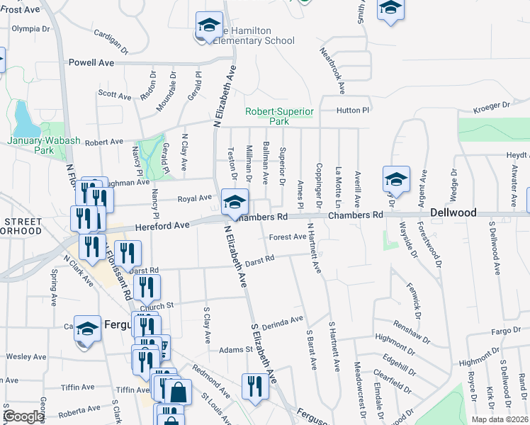 map of restaurants, bars, coffee shops, grocery stores, and more near 609 Chambers Road in Ferguson