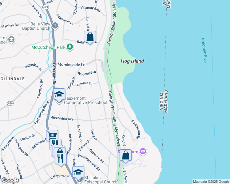 map of restaurants, bars, coffee shops, grocery stores, and more near 7701 Northdown Road in Alexandria