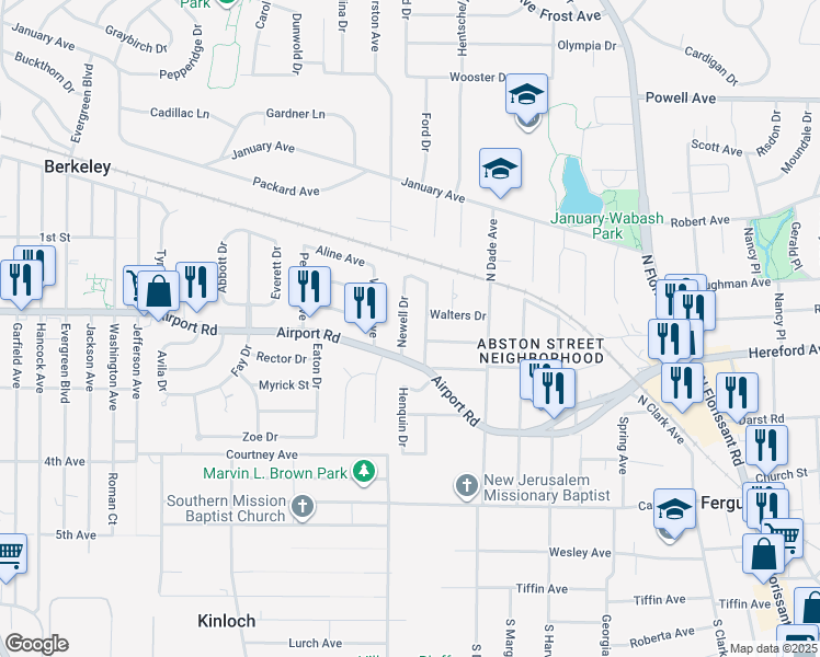 map of restaurants, bars, coffee shops, grocery stores, and more near 229 Henquin Drive in Ferguson