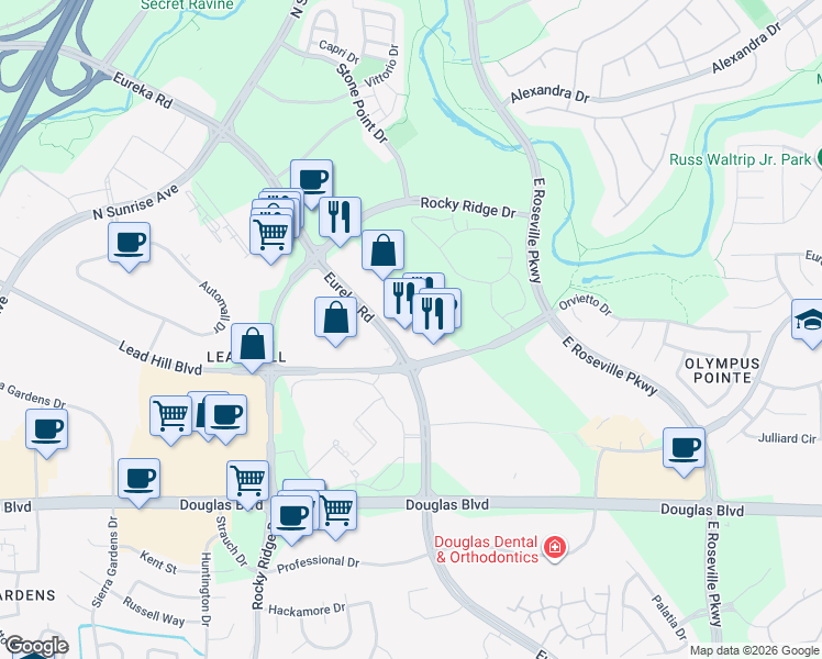 map of restaurants, bars, coffee shops, grocery stores, and more near 1561 Eureka Road in Roseville
