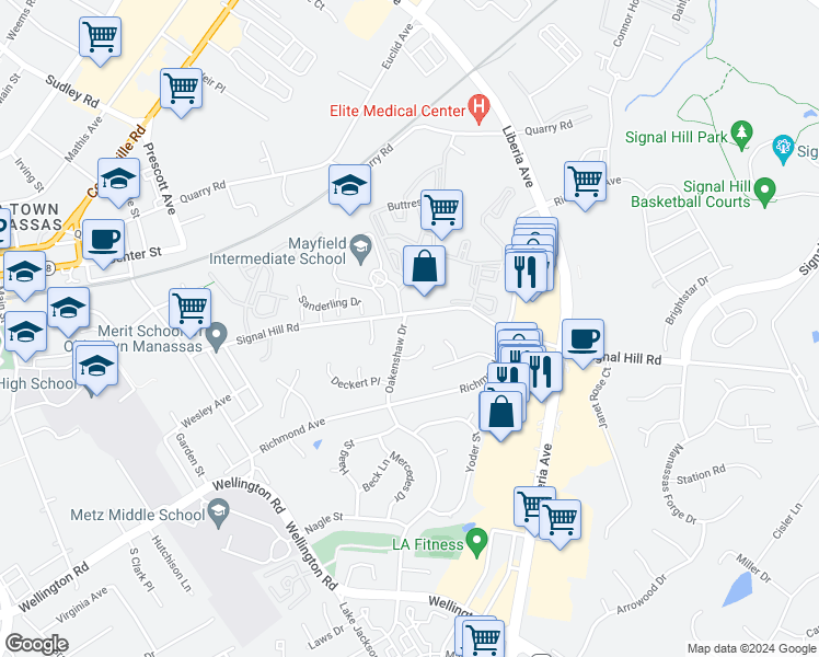 map of restaurants, bars, coffee shops, grocery stores, and more near 9505 Oakenshaw Drive in Manassas