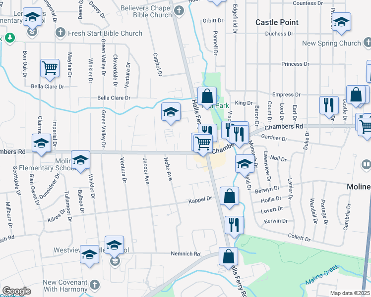 map of restaurants, bars, coffee shops, grocery stores, and more near 2131 Chambers Road in St. Louis
