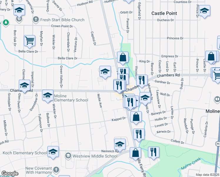 map of restaurants, bars, coffee shops, grocery stores, and more near 2131 Chambers Road in St. Louis