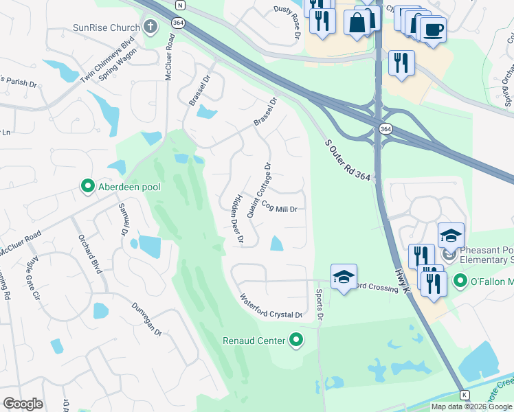 map of restaurants, bars, coffee shops, grocery stores, and more near 2302 Quaint Cottage Drive in O'Fallon