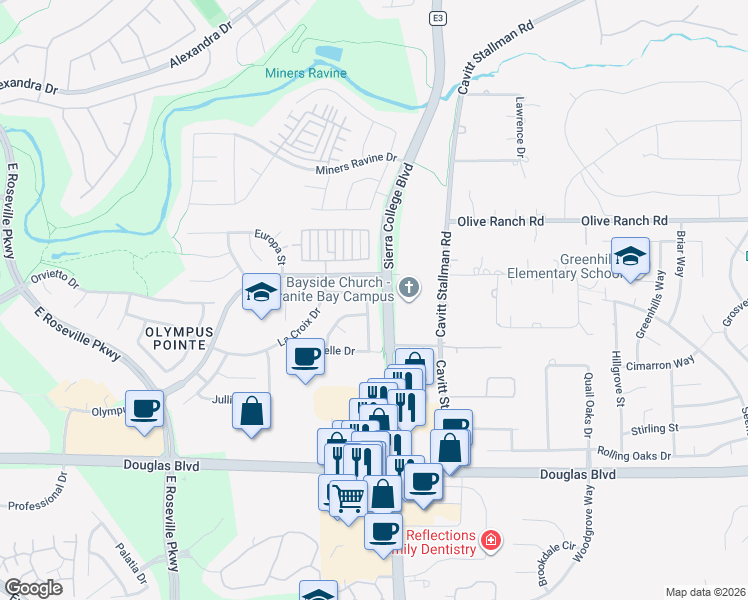 map of restaurants, bars, coffee shops, grocery stores, and more near 2540 Du Bois Drive in Roseville
