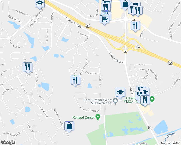 map of restaurants, bars, coffee shops, grocery stores, and more near 6925 Cog Mill Drive in O'Fallon