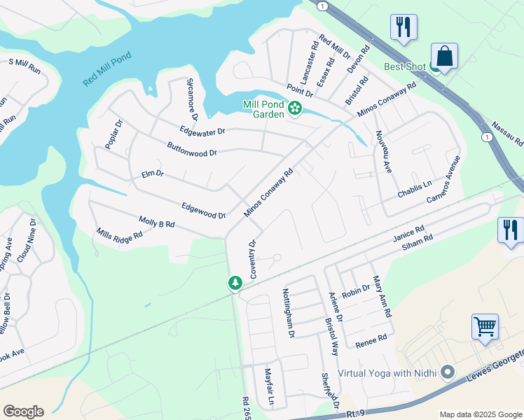 map of restaurants, bars, coffee shops, grocery stores, and more near 17301 Minos Conaway Road in Lewes