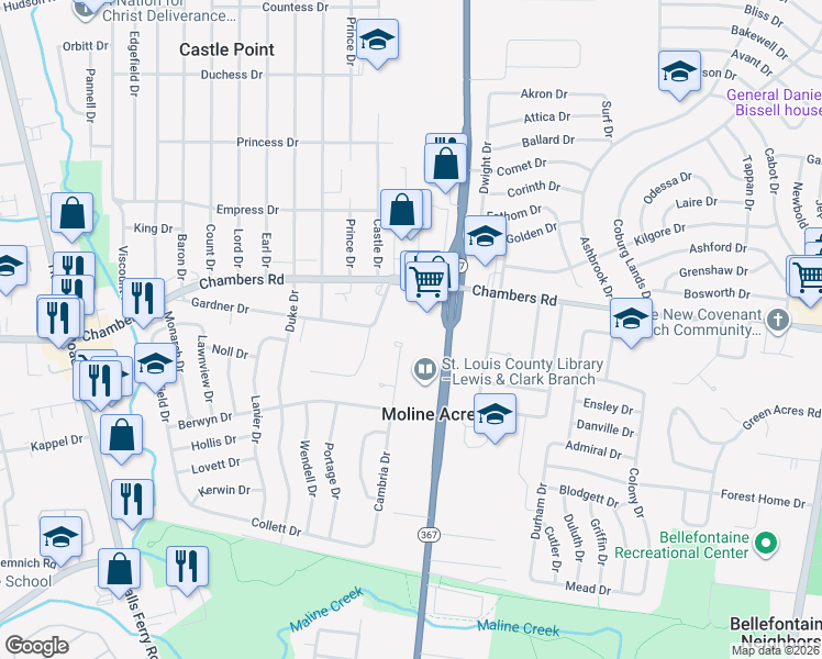 map of restaurants, bars, coffee shops, grocery stores, and more near 9952 Cambria Drive in St. Louis