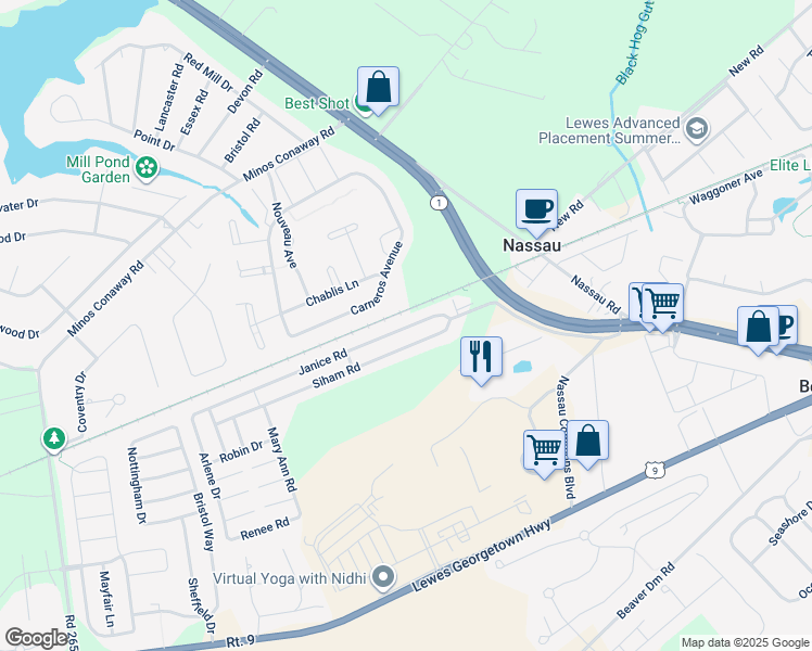 map of restaurants, bars, coffee shops, grocery stores, and more near 32000 Janice Road in Lewes