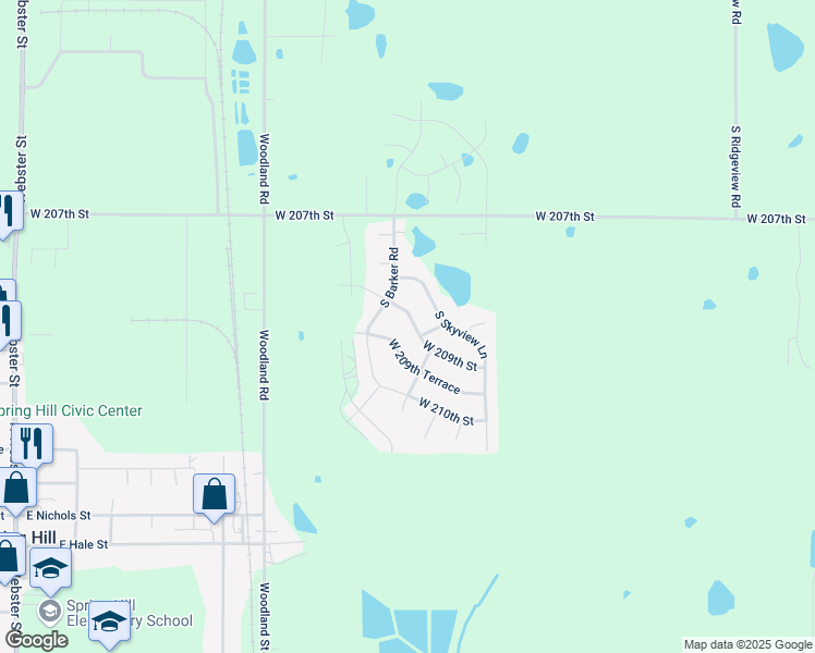 map of restaurants, bars, coffee shops, grocery stores, and more near 19472 West 209th Terrace in Spring Hill