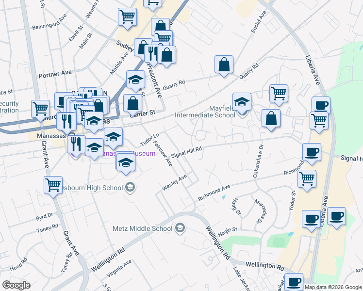 map of restaurants, bars, coffee shops, grocery stores, and more near 9511 Windsor Avenue in Manassas