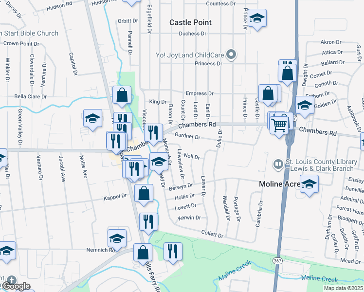 map of restaurants, bars, coffee shops, grocery stores, and more near 9862 Lawnview Drive in St. Louis