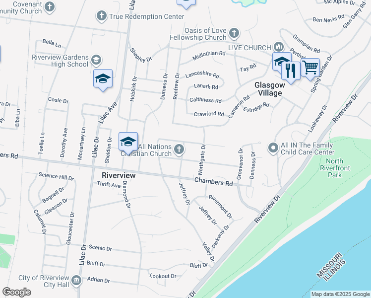 map of restaurants, bars, coffee shops, grocery stores, and more near 10054 Jeffrey Drive in St. Louis