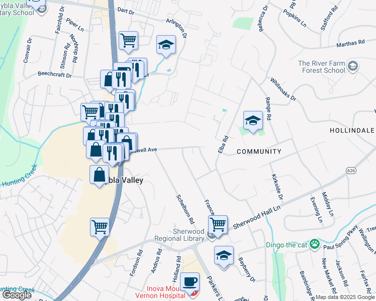 map of restaurants, bars, coffee shops, grocery stores, and more near 7701 Frances Drive in Alexandria