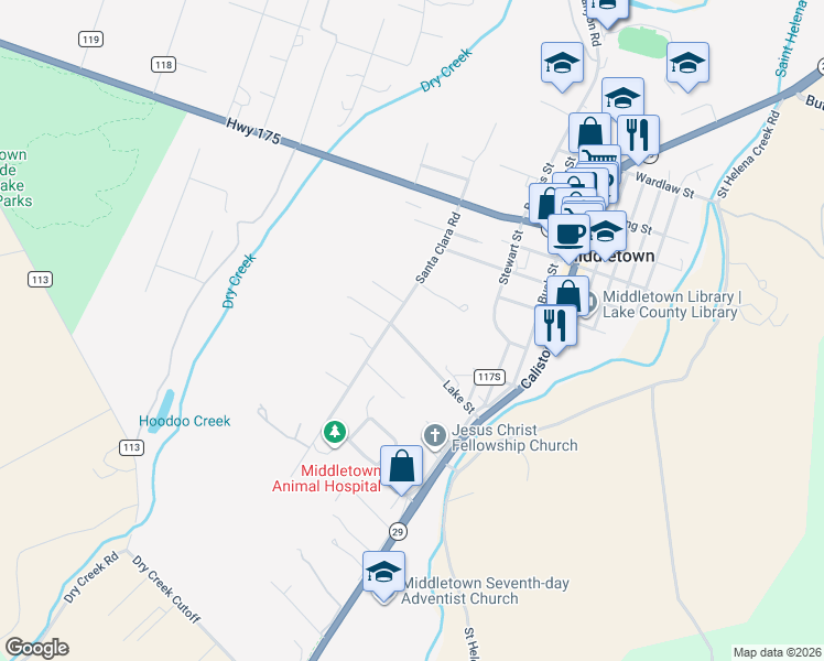 map of restaurants, bars, coffee shops, grocery stores, and more near 15422 Lake Street in Middletown