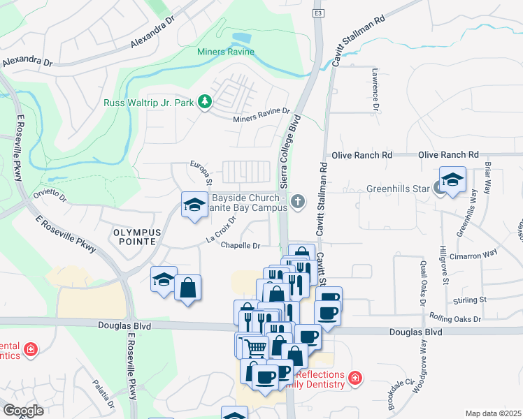 map of restaurants, bars, coffee shops, grocery stores, and more near 2571 Du Bois Drive in Roseville
